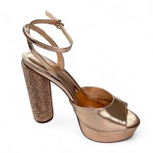 Vigo Fiore Rhinestone High Heels Size 8.5 Rose Gold 5" Block Heel Metallic Bling